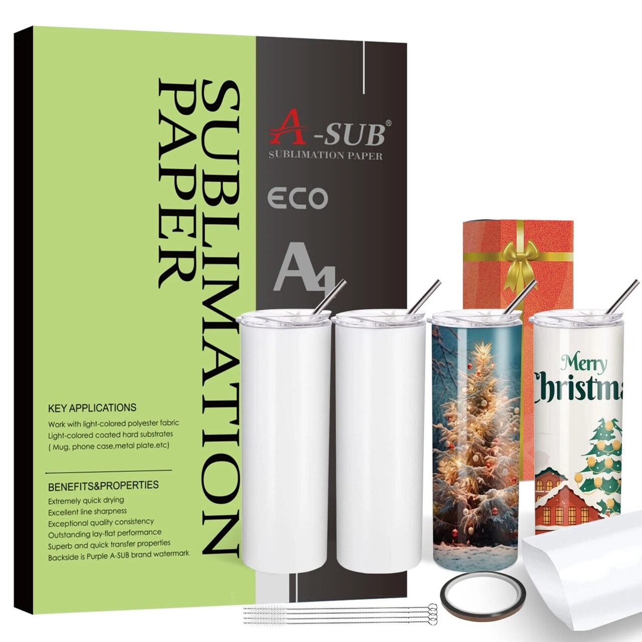 A-SUB A4 125g Sublimation Paper + 20oz Skinny Tumblers 4PK Bundle